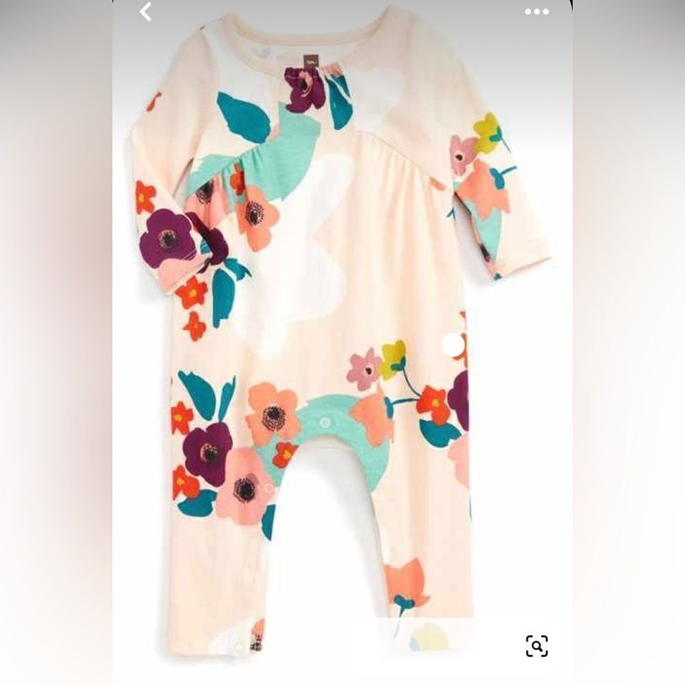 Tea Collection Peach bold floral one piece jumpsuit EUC size 9-12 months